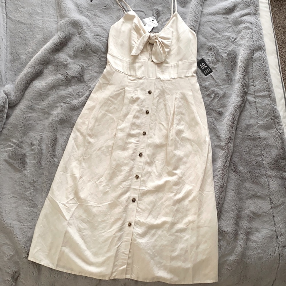 Express Linen Blend Button Front Tie Midi Dress